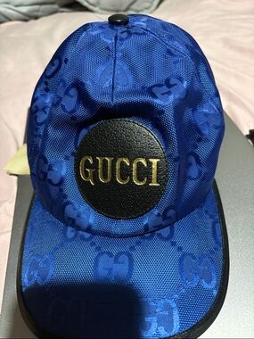 Gucci Royal Blue GG Jacquard Baseball Cap with Black Leather Logo